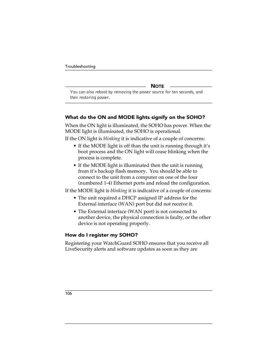 What do the on and mode lights signify on the soho, How do i register my soho | WatchGuard Technologies SOHO User Manual | Page 106 / 118