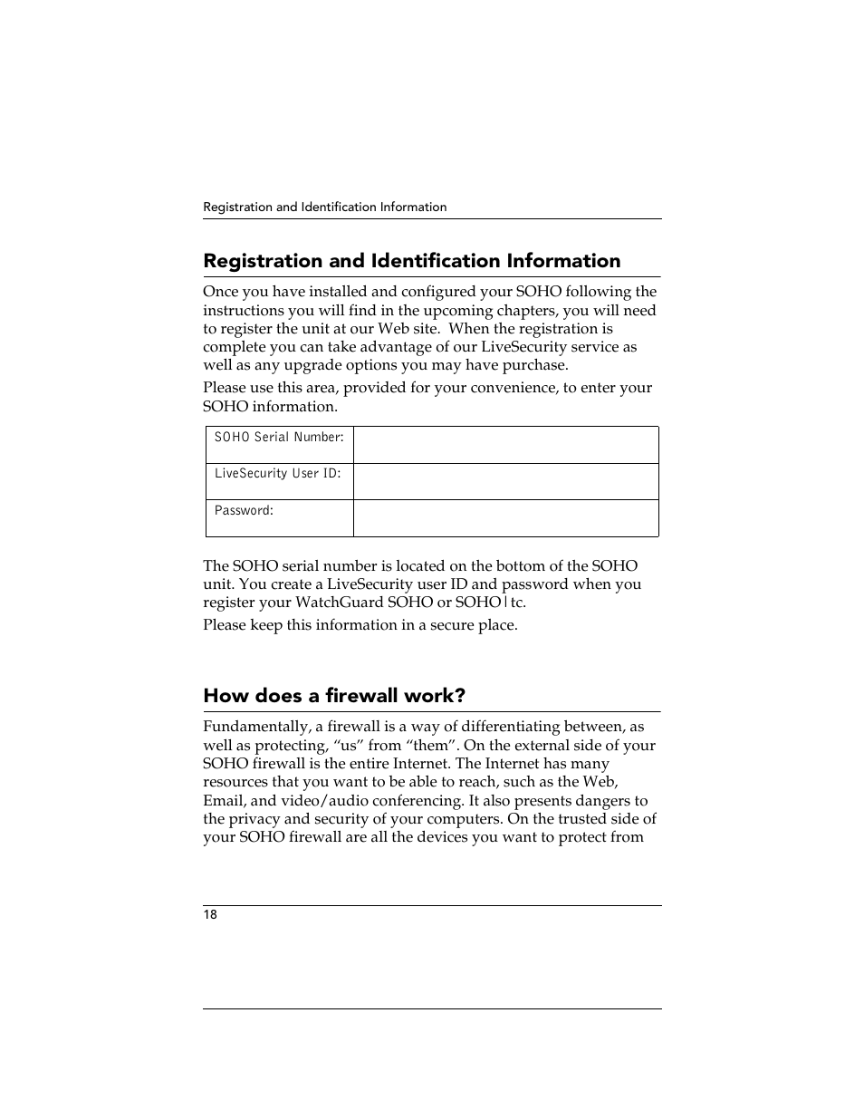 Registration and identification information, How does a firewall work | WatchGuard Technologies SOHO User Manual | Page 18 / 118