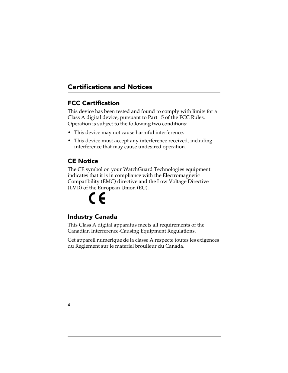 Certifications and notices, Fcc certification, Ce notice | Industry canada | WatchGuard Technologies SOHO User Manual | Page 4 / 118