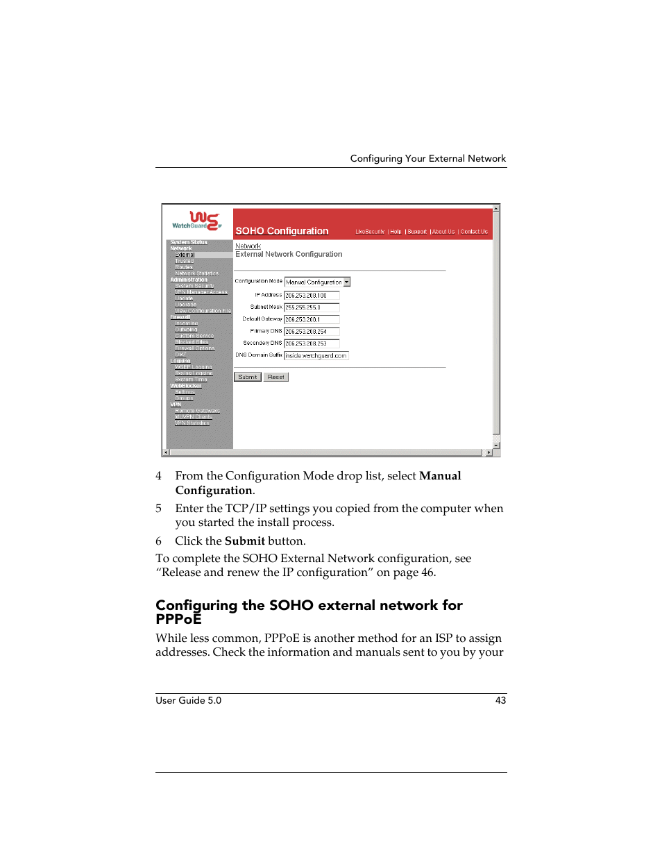 Configuring the soho external network for pppoe | WatchGuard Technologies SOHO User Manual | Page 43 / 118