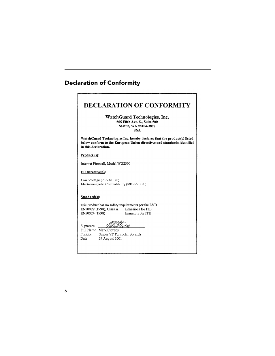 Declaration of conformity | WatchGuard Technologies SOHO User Manual | Page 6 / 118