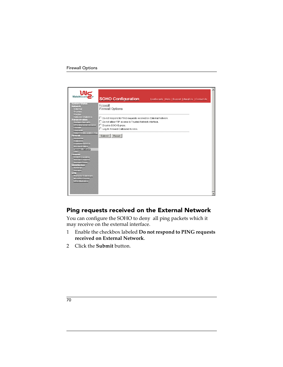 Ping requests received on the external network | WatchGuard Technologies SOHO User Manual | Page 70 / 118