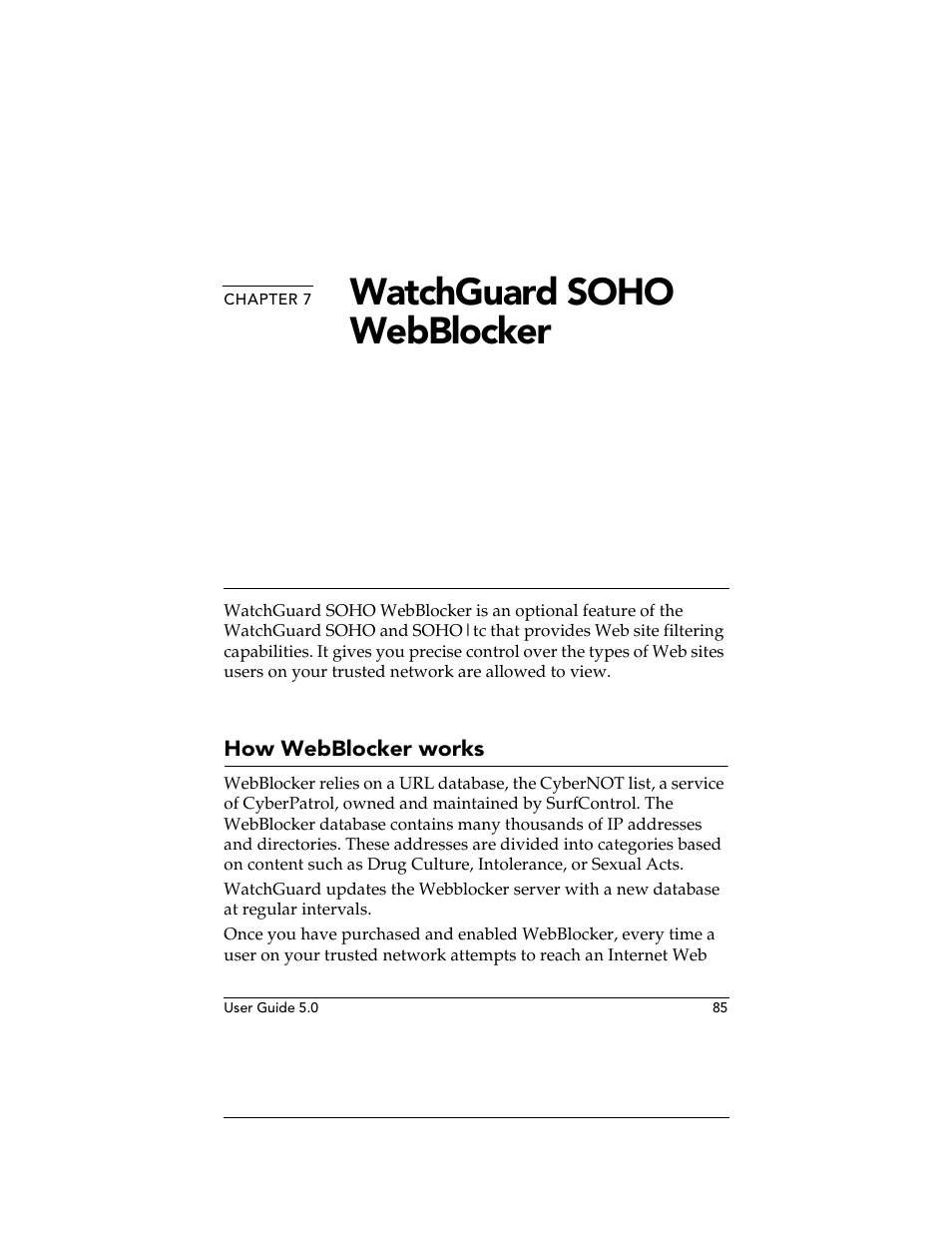 Chapter 7 watchguard soho webblocker, How webblocker works, Chapter 7 | Watchg, Watchguard soho webblocker | WatchGuard Technologies SOHO User Manual | Page 85 / 118