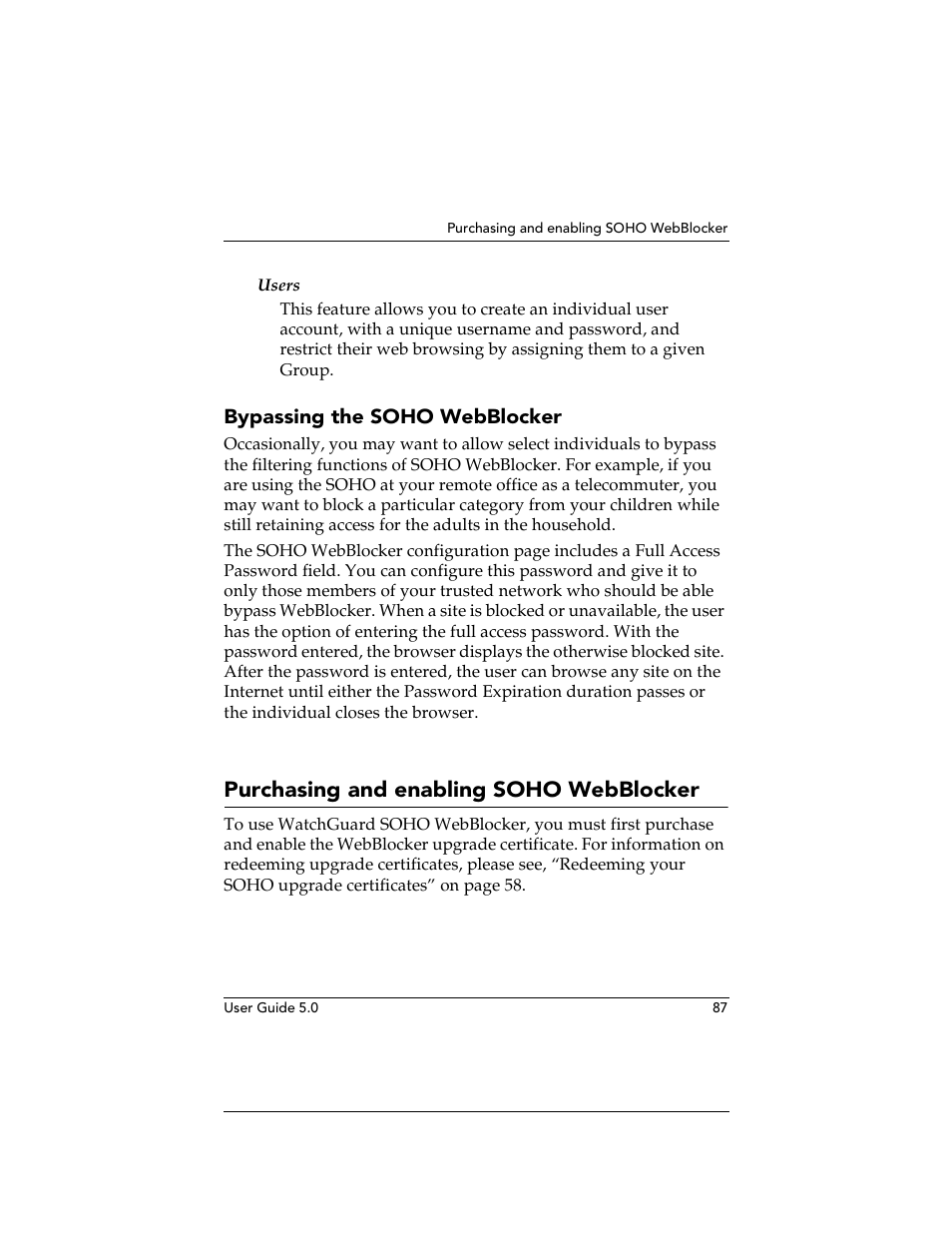 Bypassing the soho webblocker, Purchasing and enabling soho webblocker | WatchGuard Technologies SOHO User Manual | Page 87 / 118