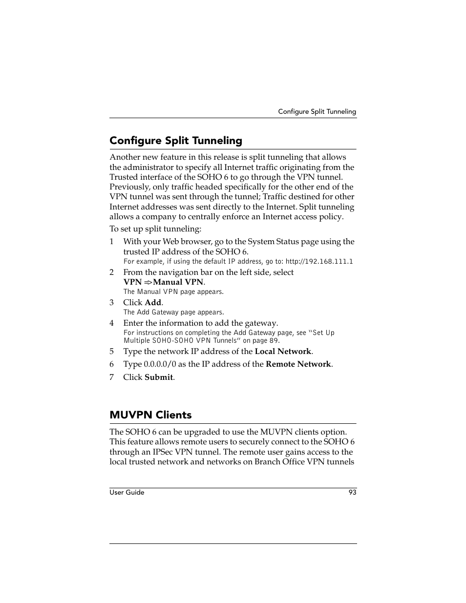 Configure split tunneling, Muvpn clients | WatchGuard Technologies WatchGuard Firebox SOHO 6 User Manual | Page 111 / 140