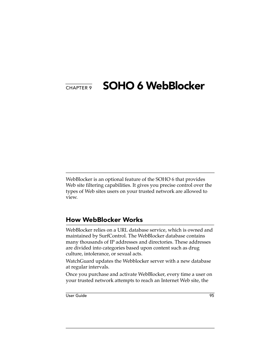 Chapter 9 soho6 webblocker, How webblocker works, Chapter 9 | Soho, Soho 6 webblocker | WatchGuard Technologies WatchGuard Firebox SOHO 6 User Manual | Page 113 / 140