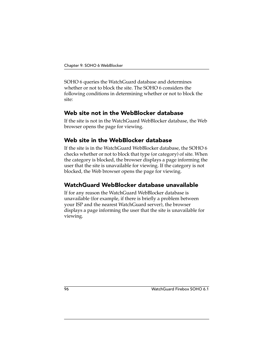 Web site not in the webblocker database, Web site in the webblocker database, Watchguard webblocker database unavailable | WatchGuard Technologies WatchGuard Firebox SOHO 6 User Manual | Page 114 / 140