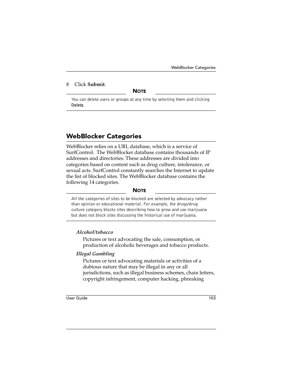 Webblocker categories | WatchGuard Technologies WatchGuard Firebox SOHO 6 User Manual | Page 121 / 140
