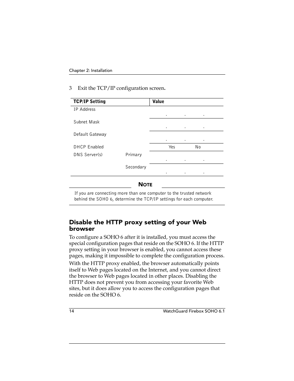 Disable the http proxy setting of your web browser, Disable the http proxy setting of your web, Browser | WatchGuard Technologies WatchGuard Firebox SOHO 6 User Manual | Page 32 / 140