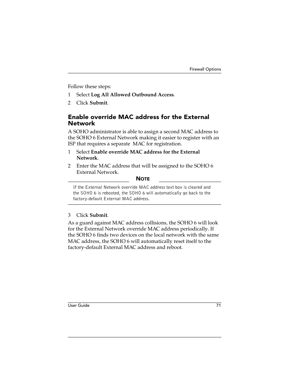 Enable override mac address for the external, Network | WatchGuard Technologies WatchGuard Firebox SOHO 6 User Manual | Page 89 / 140