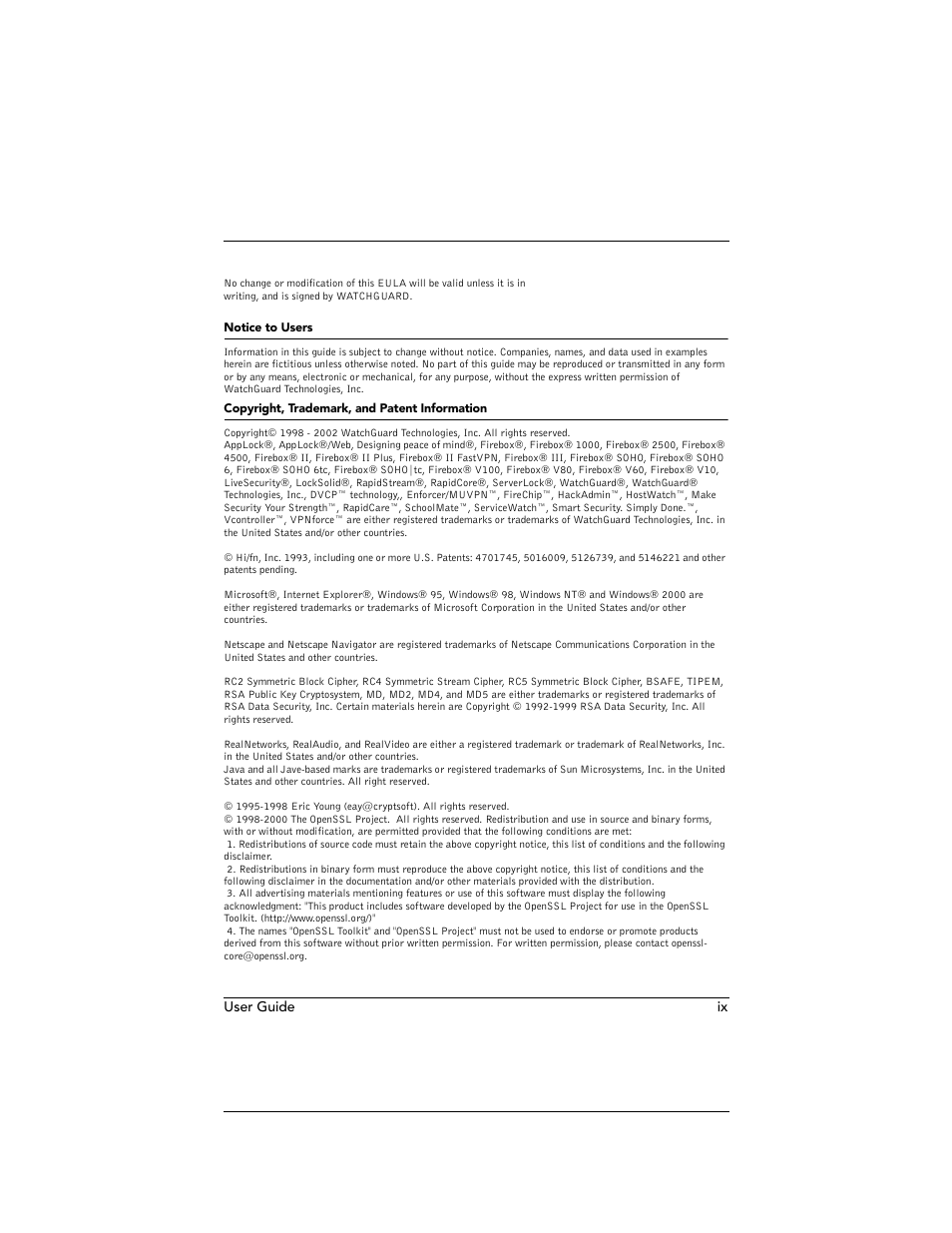 User guide ix | WatchGuard Technologies WatchGuard Firebox SOHO 6 User Manual | Page 9 / 140