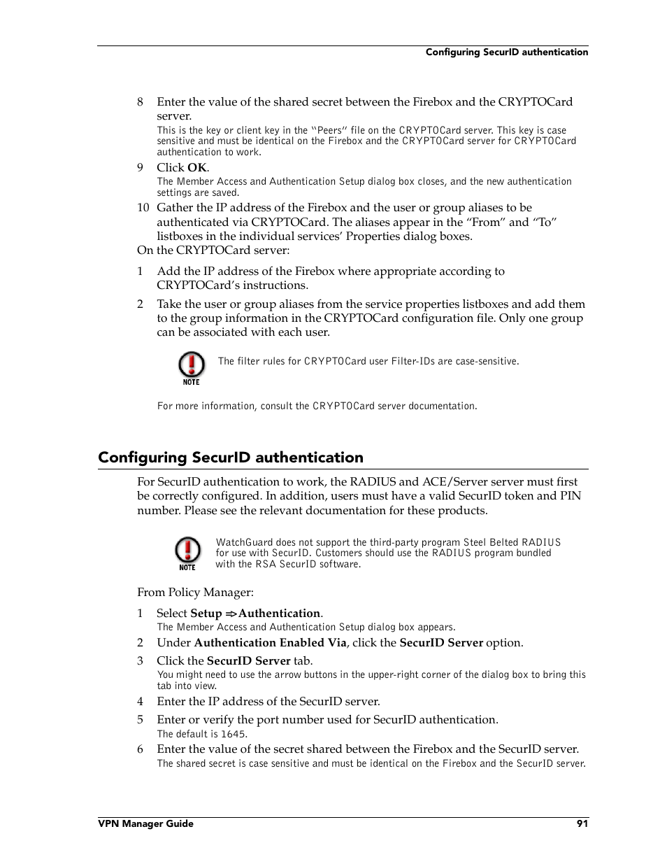 Configuring securid authentication | WatchGuard Technologies FireboxTM System 4.6 User Manual | Page 101 / 170