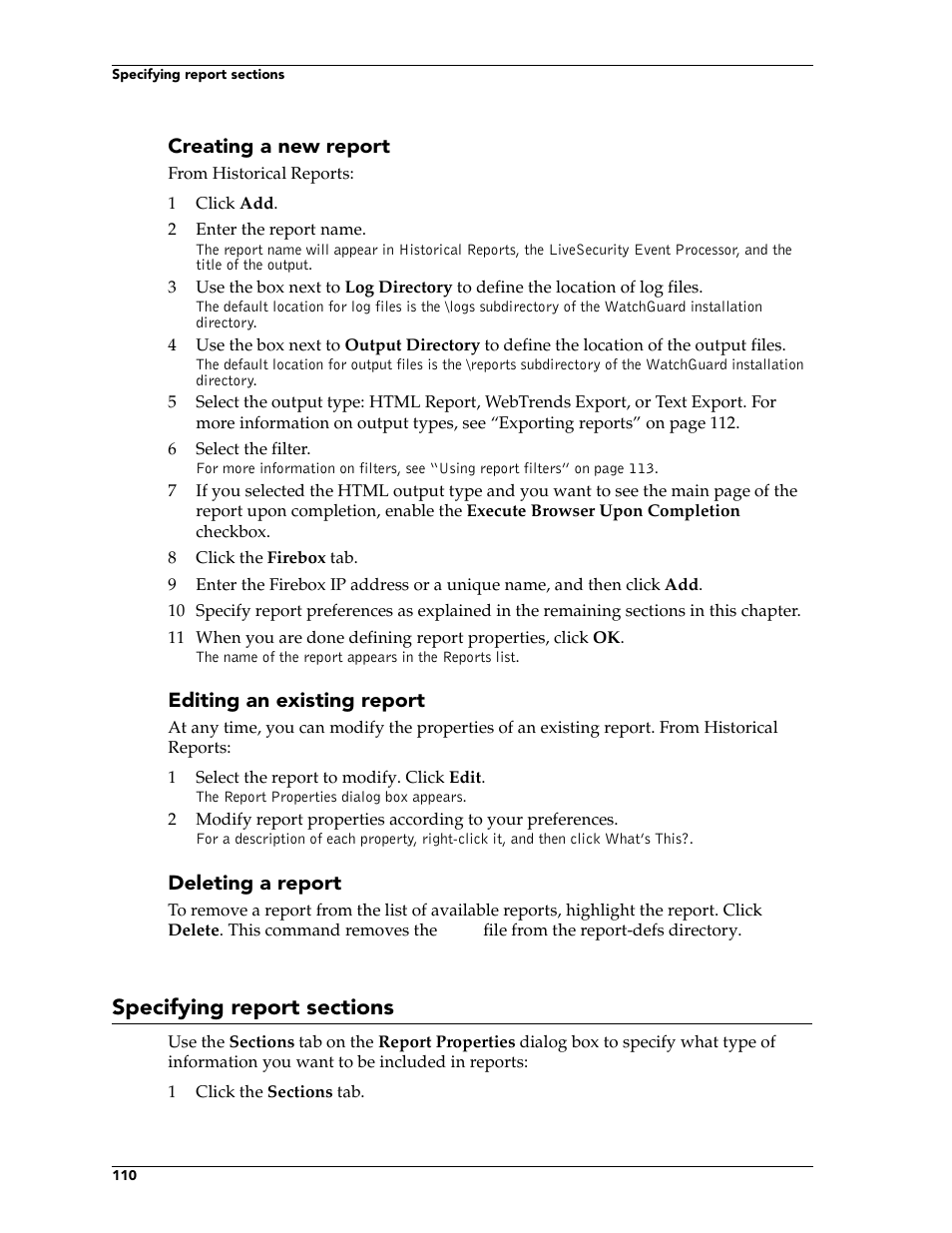 Specifying report sections | WatchGuard Technologies FireboxTM System 4.6 User Manual | Page 120 / 170