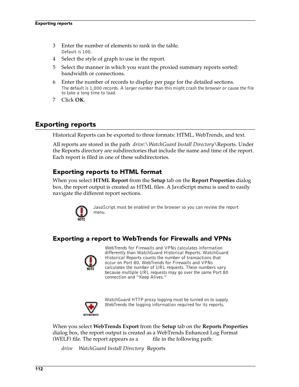 Exporting reports, Exporting reports to html format | WatchGuard Technologies FireboxTM System 4.6 User Manual | Page 122 / 170