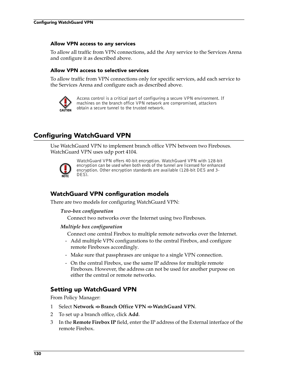 Configuring watchguard vpn | WatchGuard Technologies FireboxTM System 4.6 User Manual | Page 140 / 170