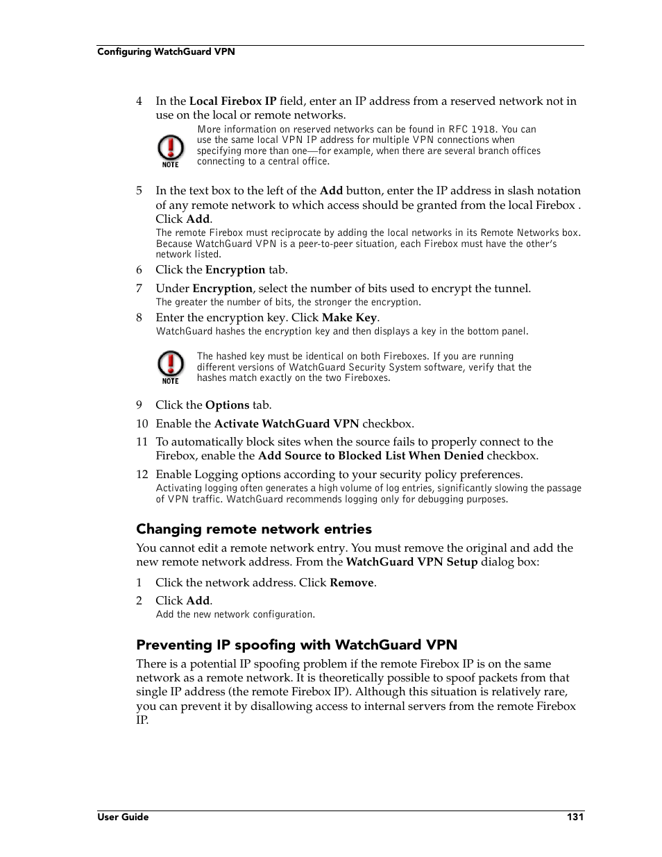 Changing remote network entries, Preventing ip spoofing with watchguard vpn | WatchGuard Technologies FireboxTM System 4.6 User Manual | Page 141 / 170
