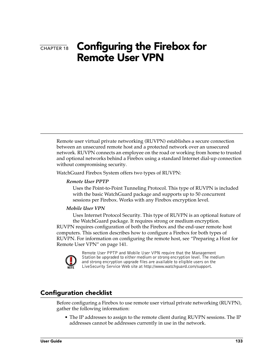 Configuration checklist, Chapter 18, Configuring the firebox for remote user vpn | WatchGuard Technologies FireboxTM System 4.6 User Manual | Page 143 / 170