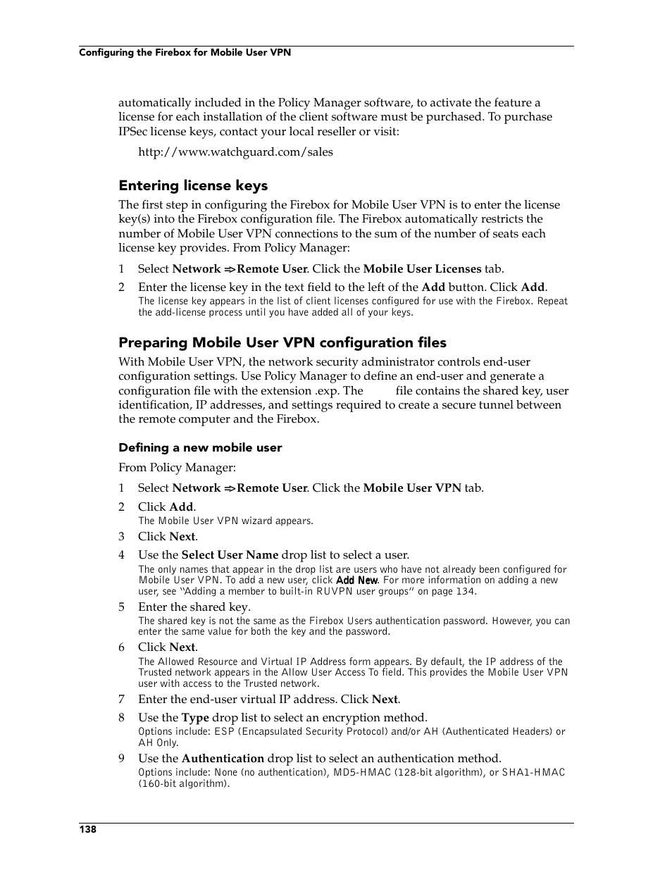 Entering license keys, Preparing mobile user vpn configuration files | WatchGuard Technologies FireboxTM System 4.6 User Manual | Page 148 / 170