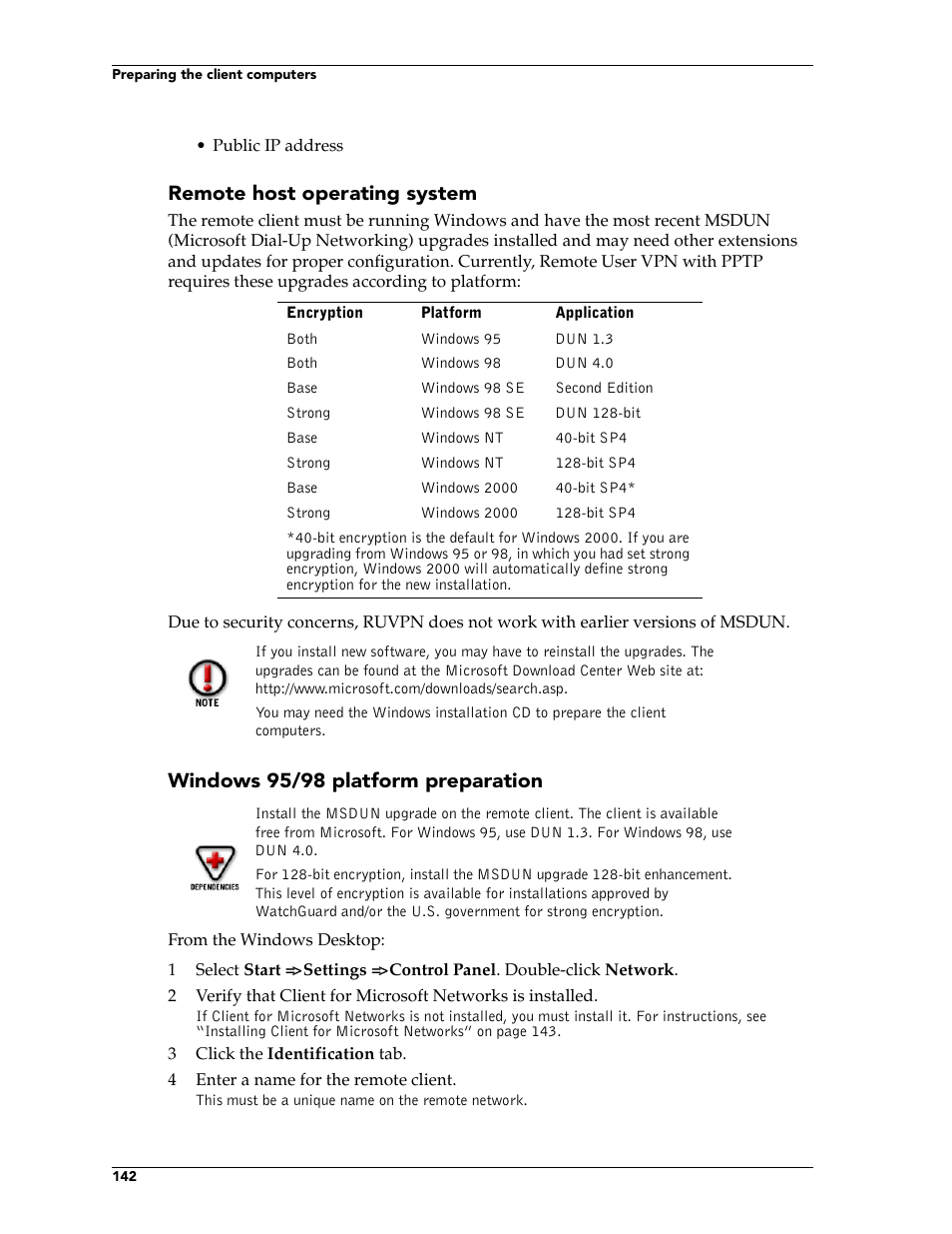 Remote host operating system, Windows 95/98 platform preparation | WatchGuard Technologies FireboxTM System 4.6 User Manual | Page 152 / 170