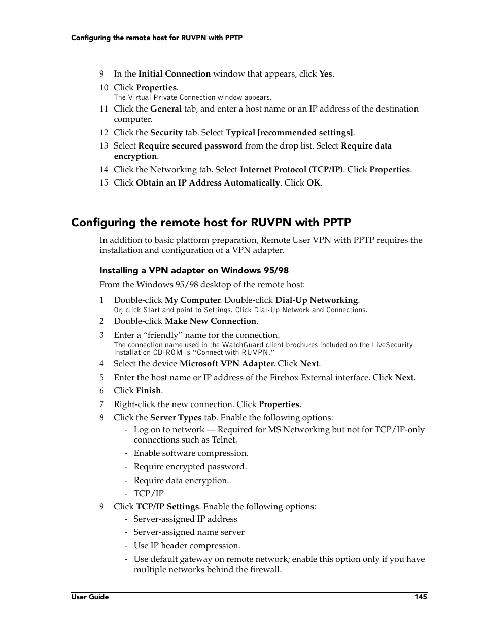 Configuring the remote host for ruvpn with pptp | WatchGuard Technologies FireboxTM System 4.6 User Manual | Page 155 / 170