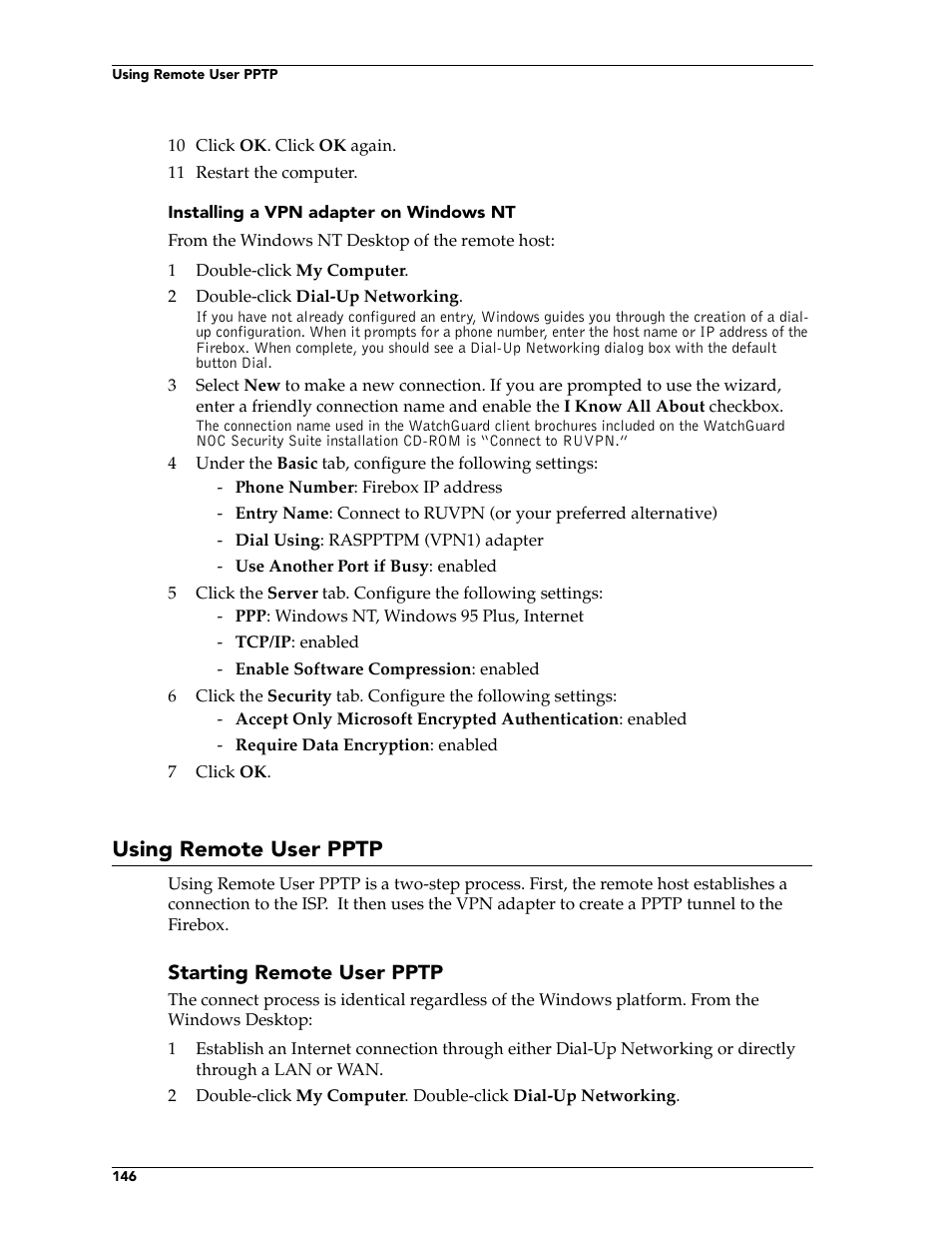 Using remote user pptp | WatchGuard Technologies FireboxTM System 4.6 User Manual | Page 156 / 170