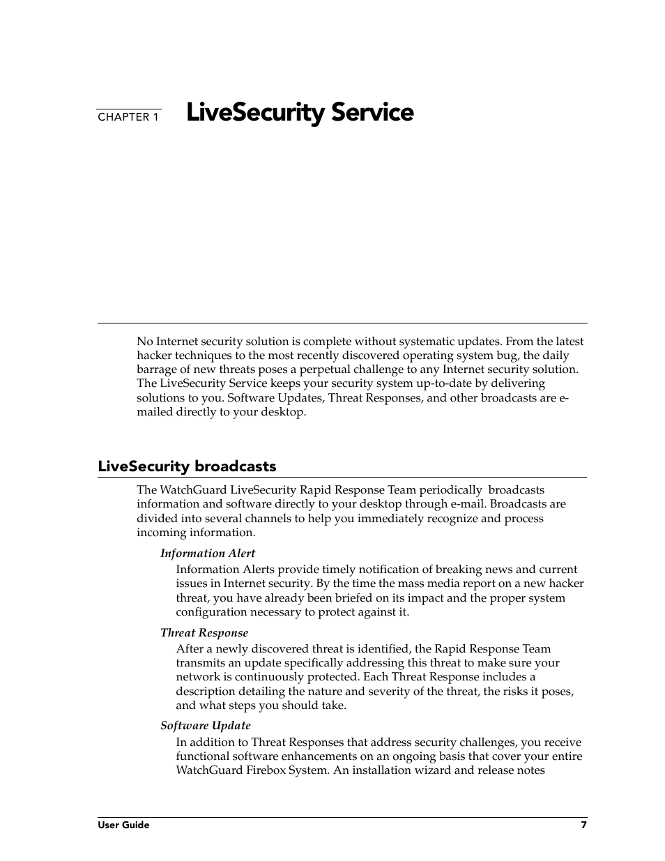 Chapter 1 livesecurity service, Livesecurity broadcasts, Chapter 1 | Livese, Livesecurity service | WatchGuard Technologies FireboxTM System 4.6 User Manual | Page 17 / 170