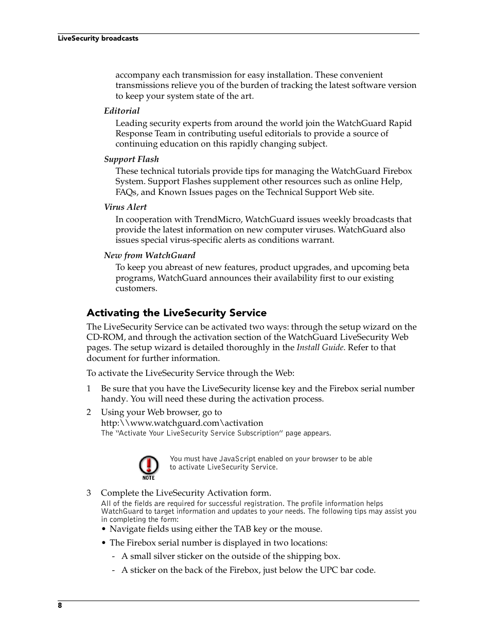 Activating the livesecurity service | WatchGuard Technologies FireboxTM System 4.6 User Manual | Page 18 / 170