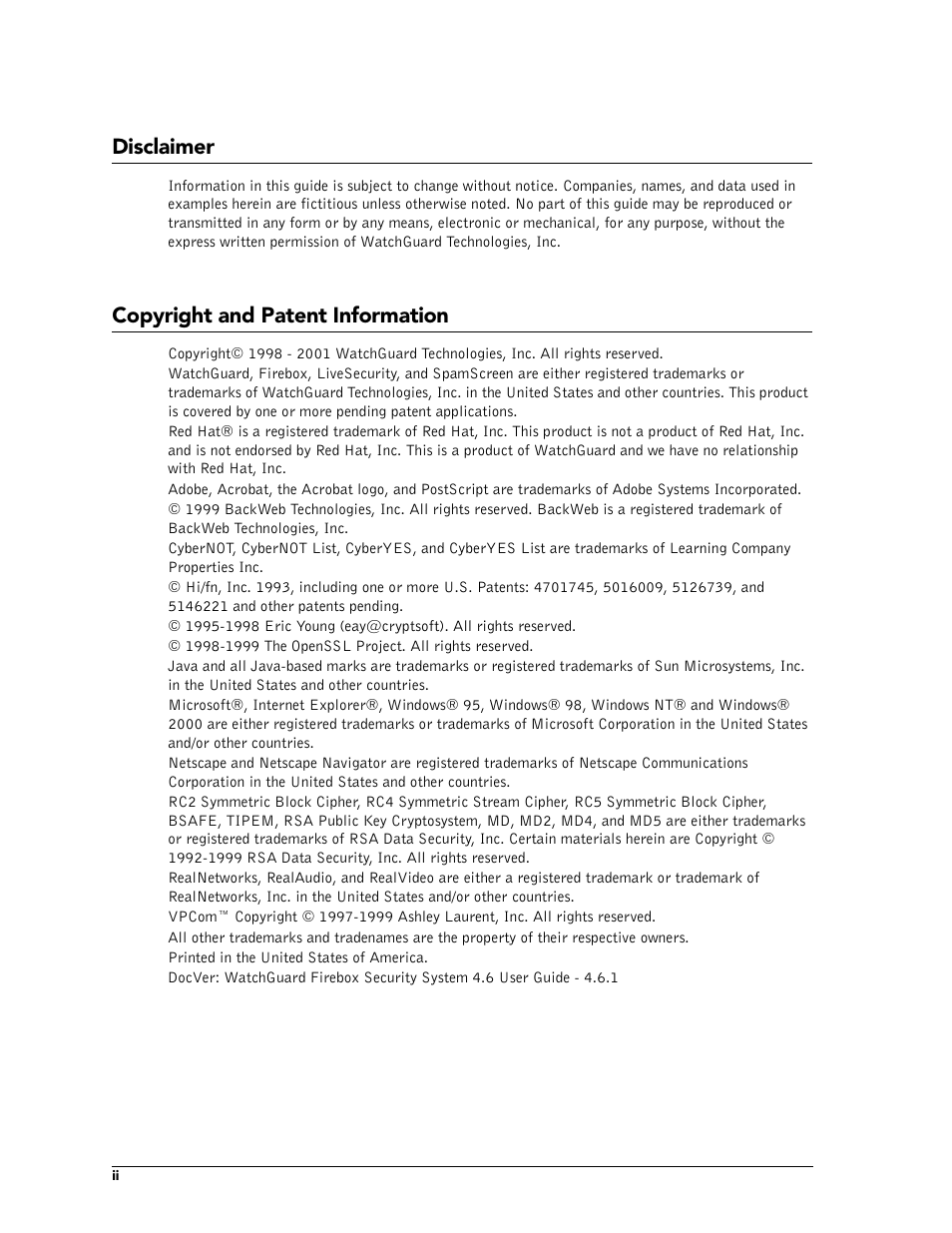 Disclaimer, Copyright and patent information | WatchGuard Technologies FireboxTM System 4.6 User Manual | Page 2 / 170