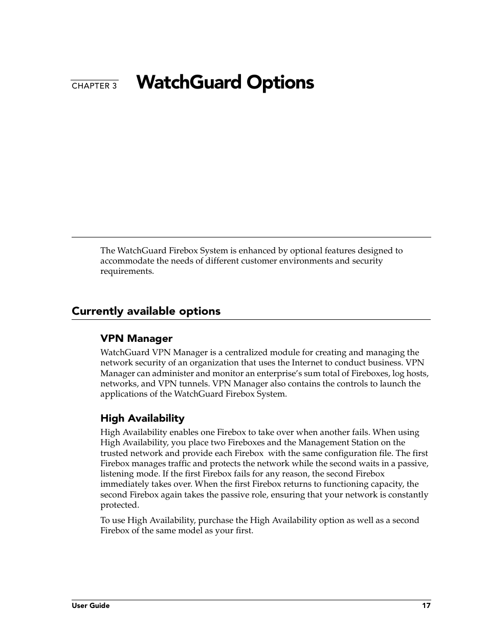 Chapter 3 watchguard options, Currently available options, Chapter 3 | Watchguard options | WatchGuard Technologies FireboxTM System 4.6 User Manual | Page 27 / 170