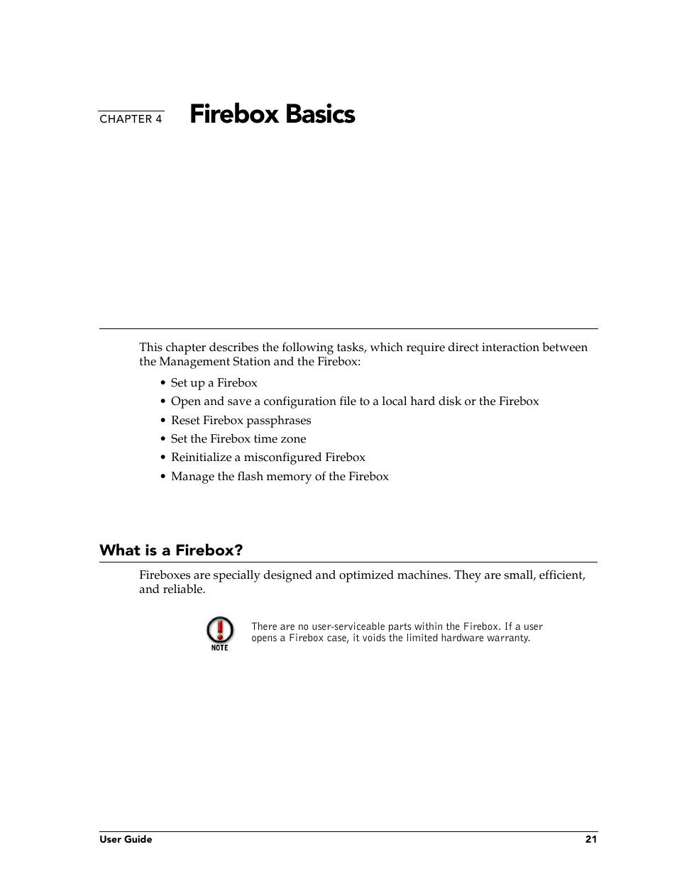 Chapter 4 firebox basics, What is a firebox, Chapter 4 | Firebox basics | WatchGuard Technologies FireboxTM System 4.6 User Manual | Page 31 / 170