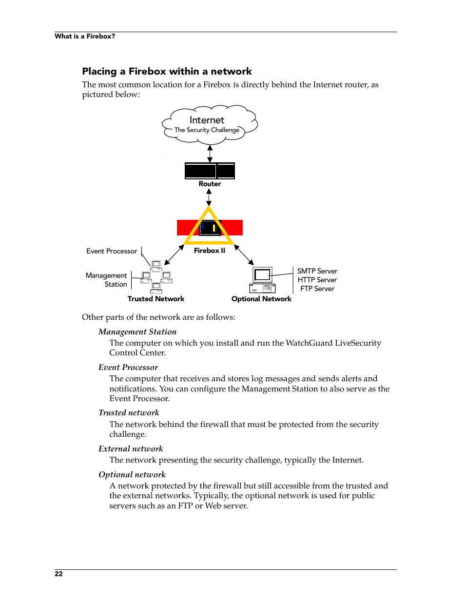 Placing a firebox within a network, Internet | WatchGuard Technologies FireboxTM System 4.6 User Manual | Page 32 / 170