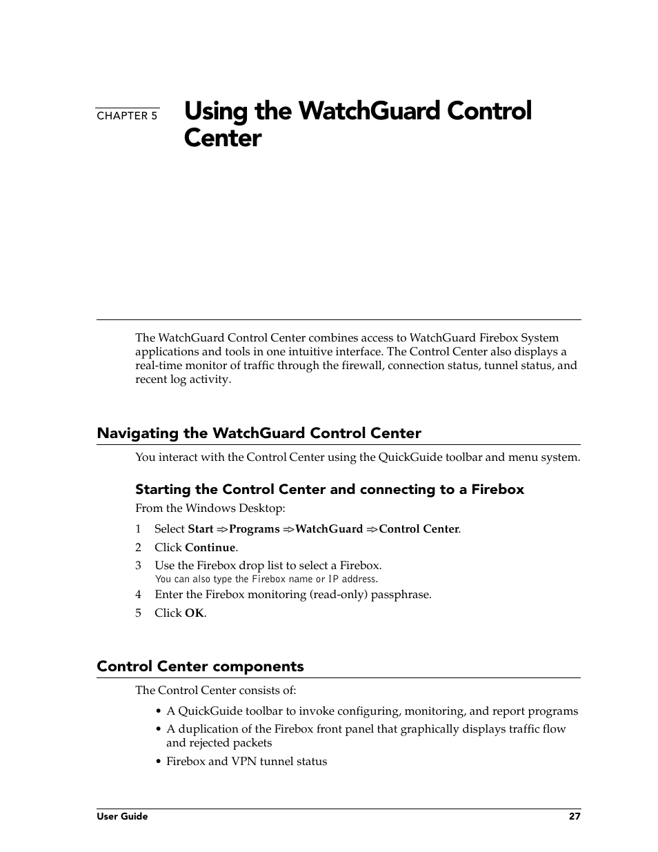 Chapter 5 using the watchguard control center, Navigating the watchguard control center, Control center components | Chapter 5, Using th, Using the watchguard control center | WatchGuard Technologies FireboxTM System 4.6 User Manual | Page 37 / 170