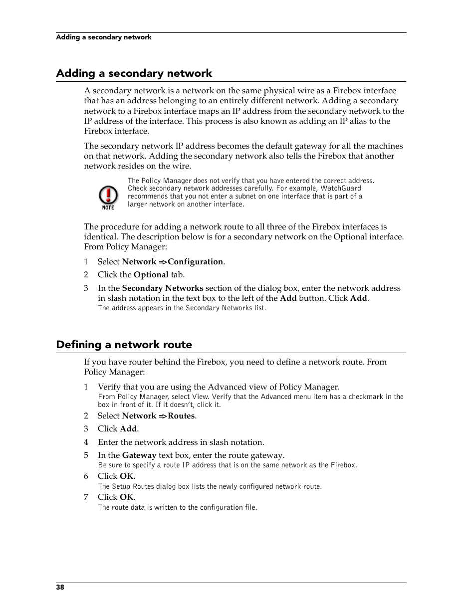 Adding a secondary network, Defining a network route | WatchGuard Technologies FireboxTM System 4.6 User Manual | Page 48 / 170