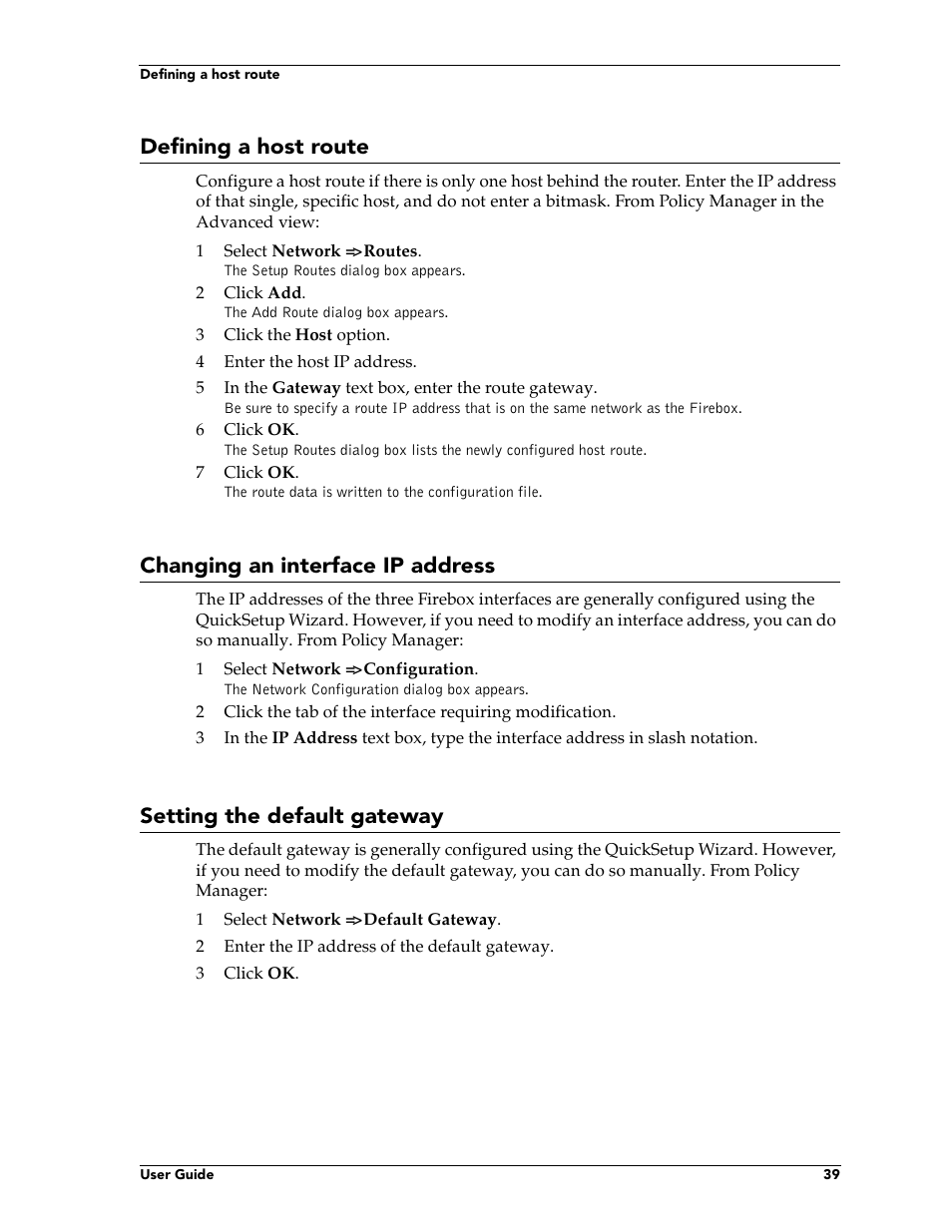 Defining a host route, Changing an interface ip address, Setting the default gateway | WatchGuard Technologies FireboxTM System 4.6 User Manual | Page 49 / 170