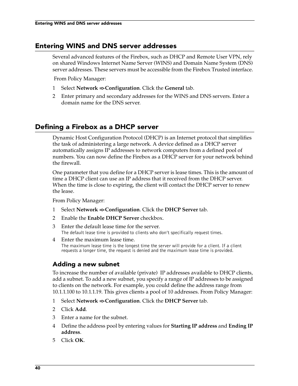 Entering wins and dns server addresses, Defining a firebox as a dhcp server | WatchGuard Technologies FireboxTM System 4.6 User Manual | Page 50 / 170
