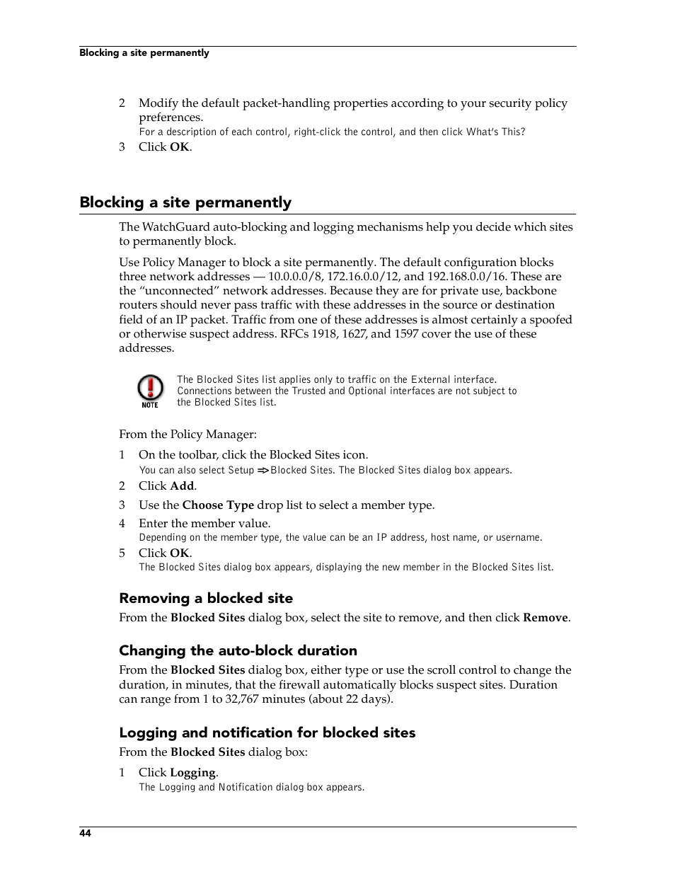 Blocking a site permanently | WatchGuard Technologies FireboxTM System 4.6 User Manual | Page 54 / 170