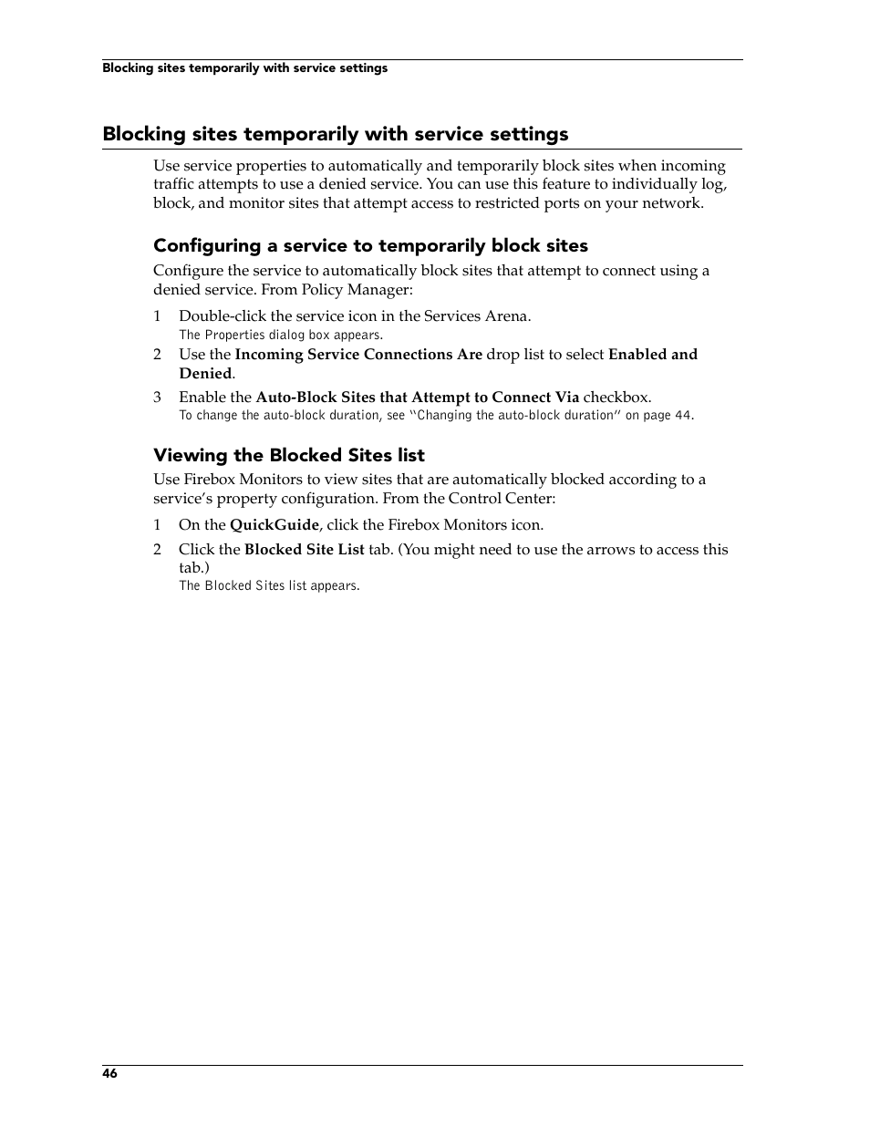 Blocking sites temporarily with service settings | WatchGuard Technologies FireboxTM System 4.6 User Manual | Page 56 / 170