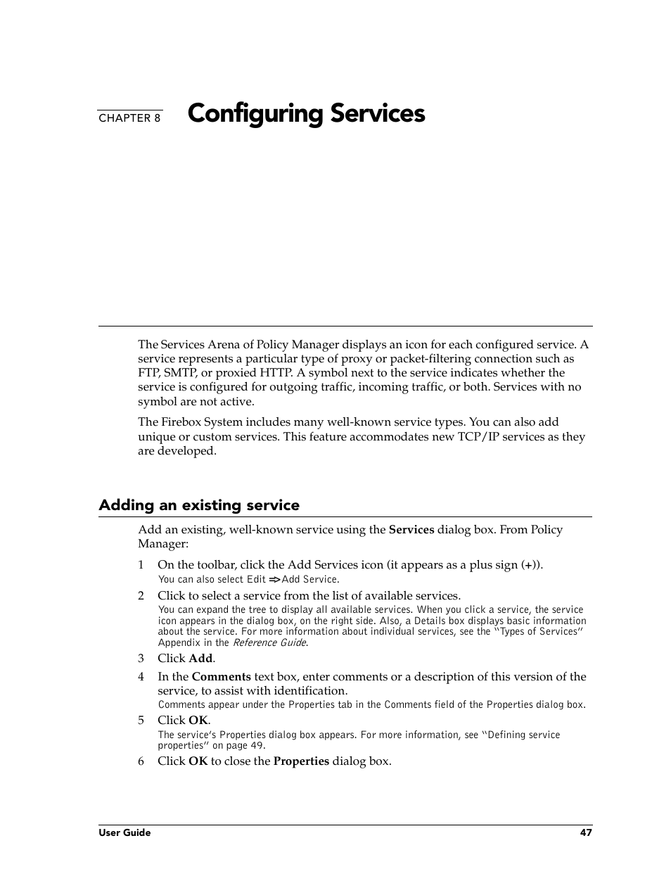 Chapter 8 configuring services, Adding an existing service, Chapter 8 | Configu, Configuring services | WatchGuard Technologies FireboxTM System 4.6 User Manual | Page 57 / 170