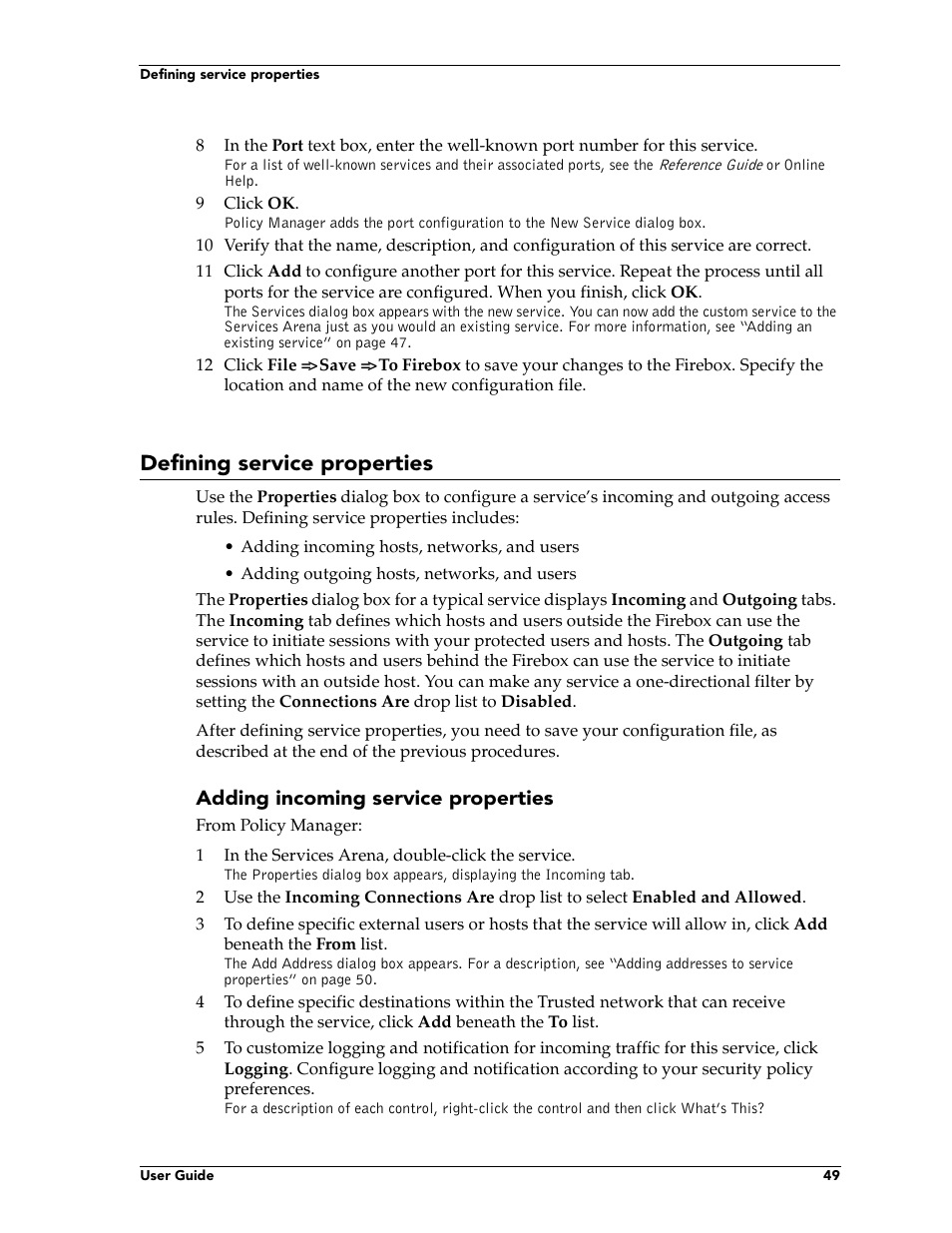 Defining service properties, Adding incoming service properties | WatchGuard Technologies FireboxTM System 4.6 User Manual | Page 59 / 170