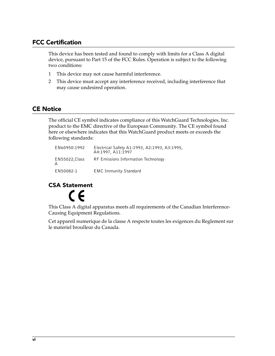 Fcc certification, Ce notice | WatchGuard Technologies FireboxTM System 4.6 User Manual | Page 6 / 170