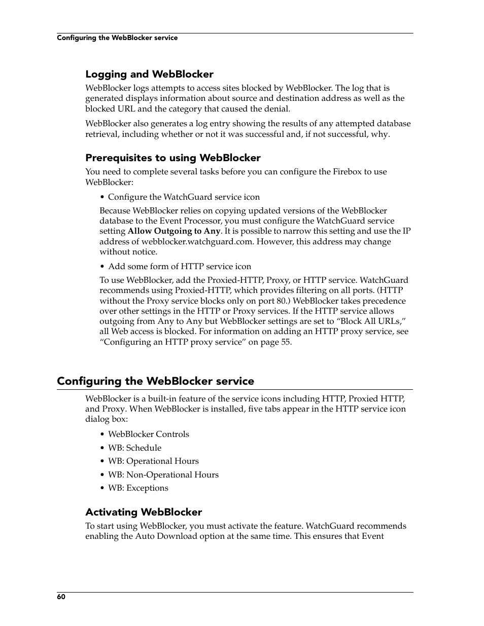 Configuring the webblocker service | WatchGuard Technologies FireboxTM System 4.6 User Manual | Page 70 / 170