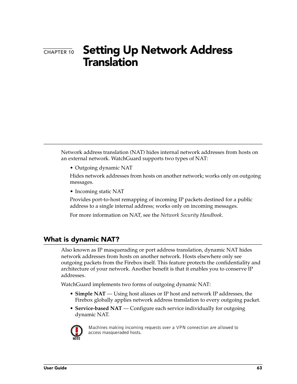 Chapter 10 setting up network address translation, What is dynamic nat, Chapter 10 | Setting up network address translation | WatchGuard Technologies FireboxTM System 4.6 User Manual | Page 73 / 170