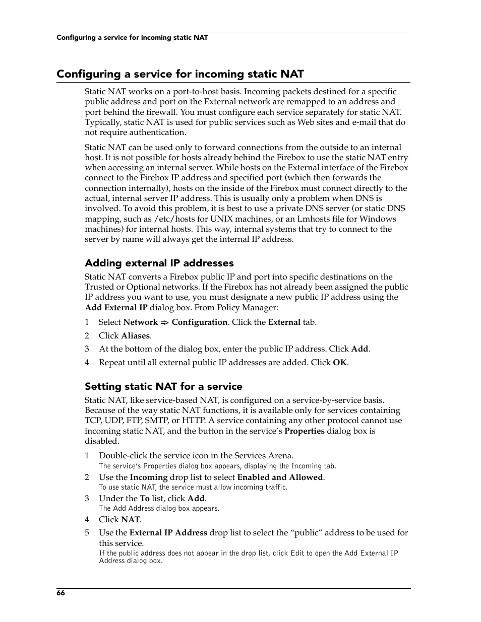 Configuring a service for incoming static nat | WatchGuard Technologies FireboxTM System 4.6 User Manual | Page 76 / 170