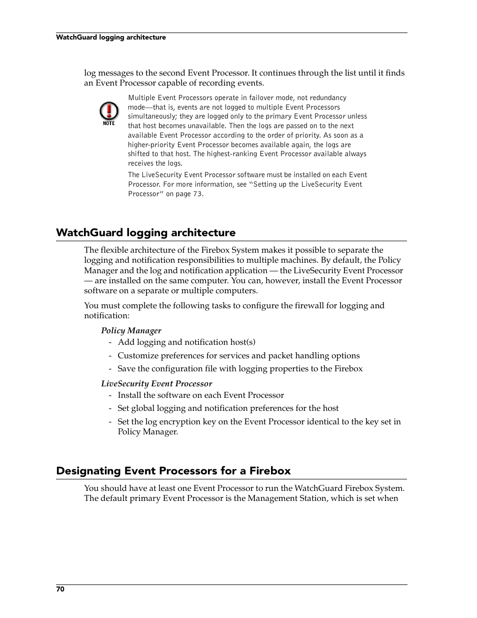 Watchguard logging architecture, Designating event processors for a firebox | WatchGuard Technologies FireboxTM System 4.6 User Manual | Page 80 / 170