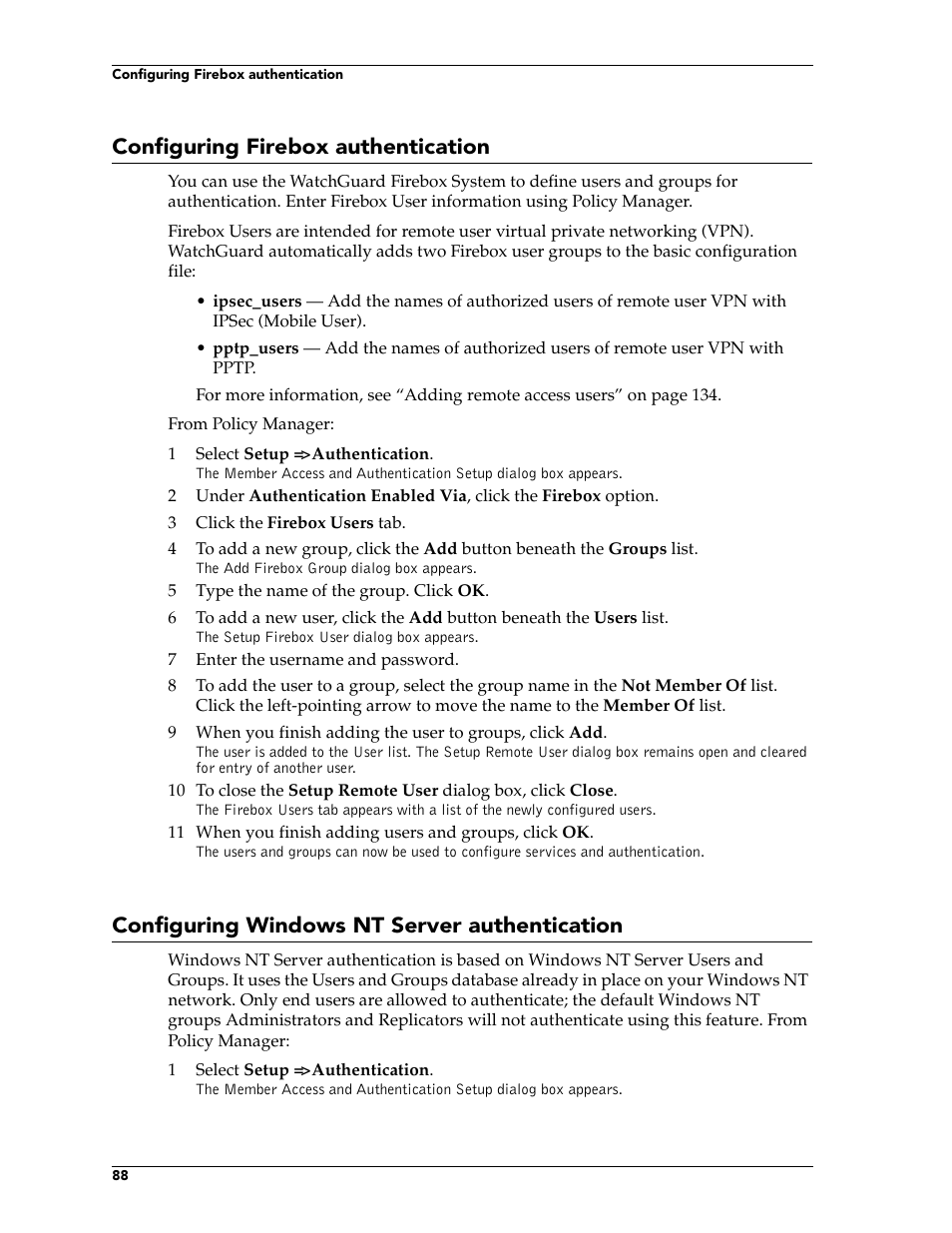 Configuring firebox authentication, Configuring windows nt server authentication | WatchGuard Technologies FireboxTM System 4.6 User Manual | Page 98 / 170