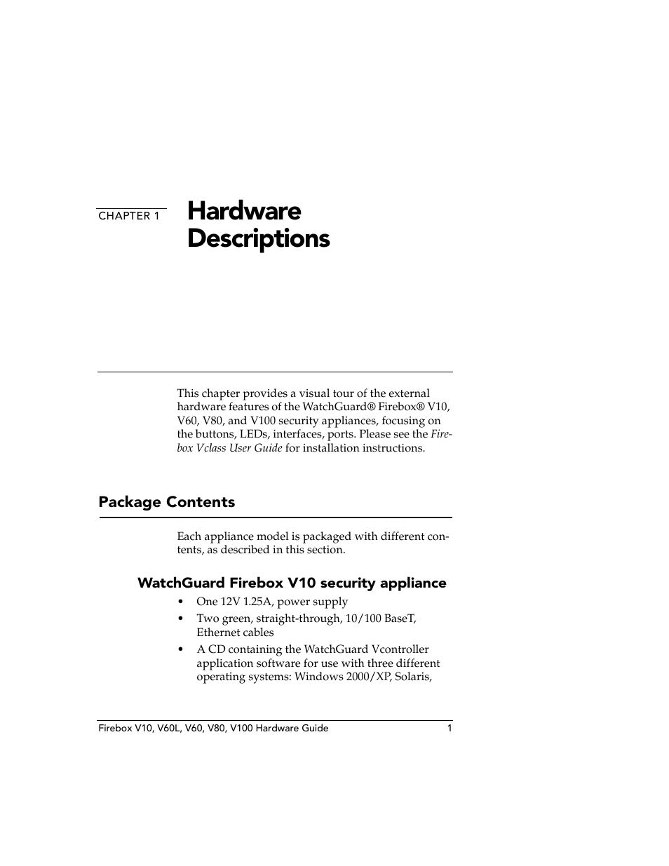 Chapter 1 hardware descriptions, Package contents, Watchguard firebox v10 security appliance | Chapter 1, Hardware descriptions | WatchGuard Technologies V10 User Manual | Page 11 / 23