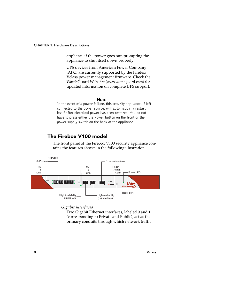 The firebox v100 model, Chapter 1: hardware descriptions 8 vclass | WatchGuard Technologies V10 User Manual | Page 18 / 23
