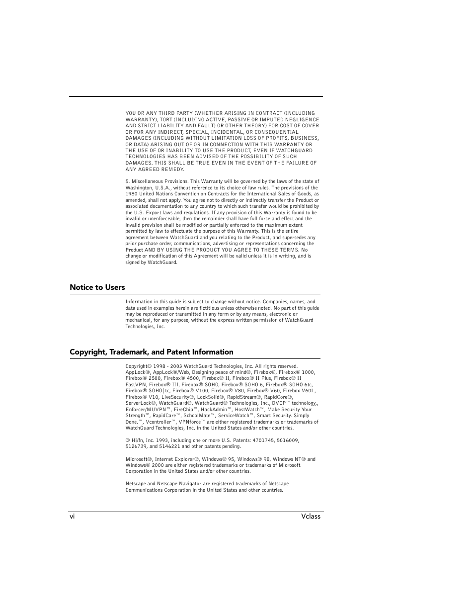 Notice to users, Copyright, trademark, and patent information, Vi vclass | WatchGuard Technologies V10 User Manual | Page 6 / 23