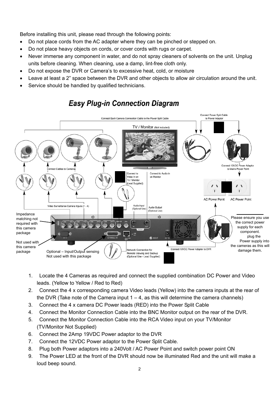 Installation, Connection guide, Warning | WatchGuard Technologies DVR4ENTPACK User Manual | Page 3 / 13