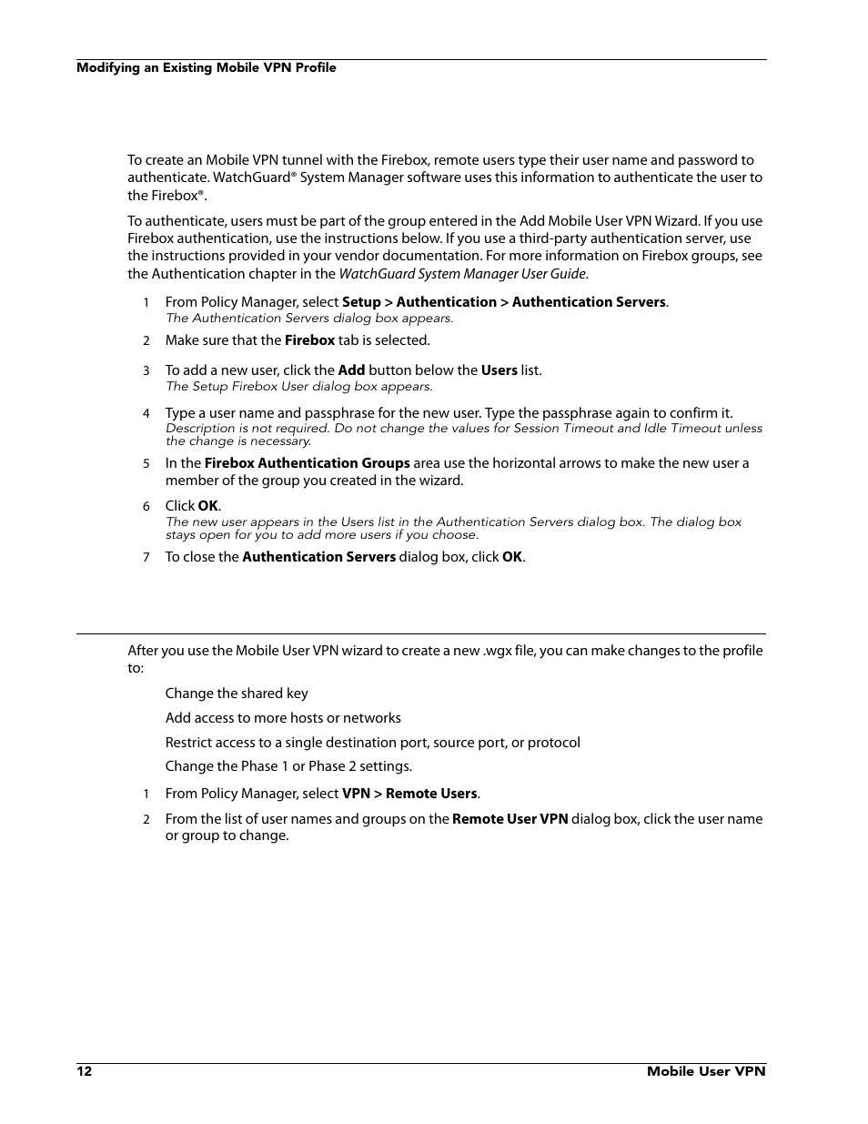 Adding users to a firebox mobile vpn group, Modifying an existing mobile vpn profile | WatchGuard VPN v10.0 User Manual | Page 14 / 38